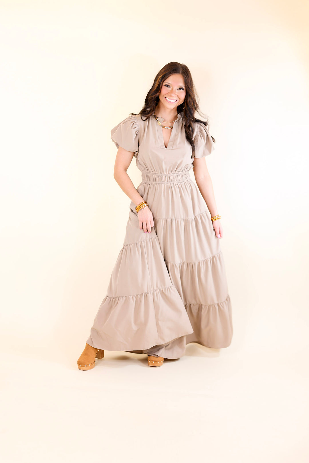 Table for Two Tiered Maxi Dress with Puff Sleeves in Light Mocha Brown Giddy Up Glamour Boutique Table for Two Tiered Maxi Dress with Puff Sleeves in Light Mocha Brown Giddy Up Glamour Boutique