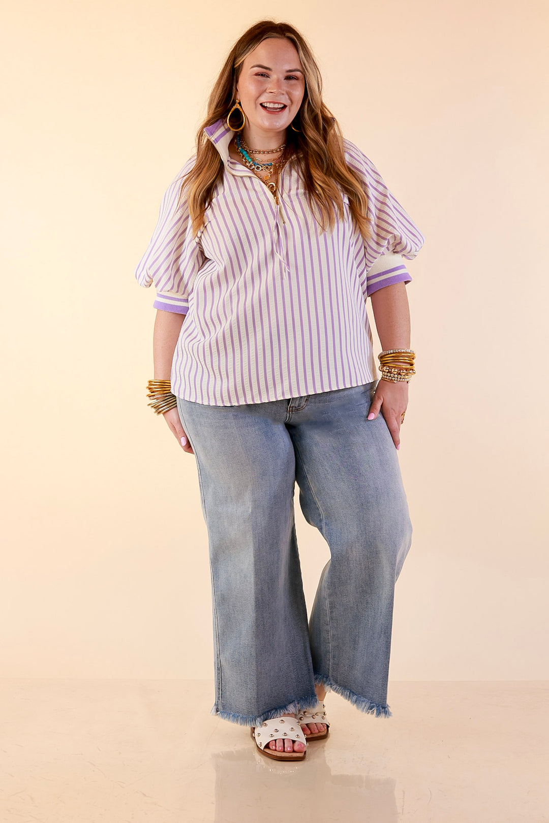 Bold Instincts Striped Print Half Zip Top with Puff Sleeves in Lavender Purple and Ivory