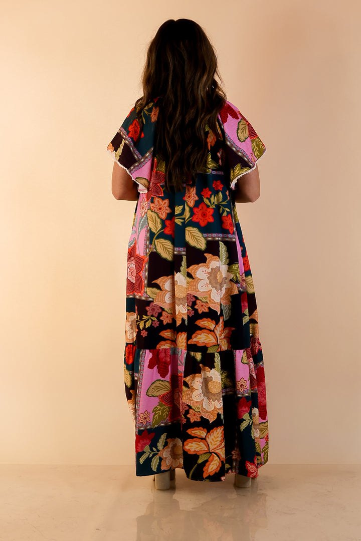 Patchwork Poise Floral Patchwork Print Midi Dress with Tassel Tie Neckline and Flutter Sleeves in Pink Mix