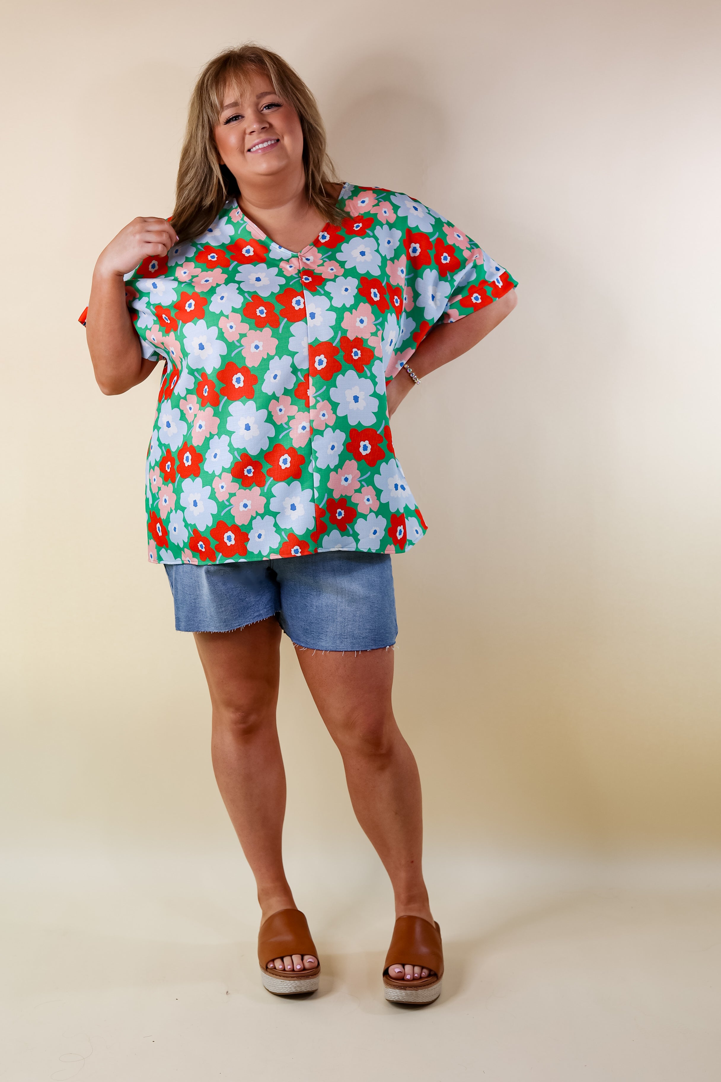 Sunny Refresh Floral V Neck Top in Green Mix - Giddy Up Glamour Boutique