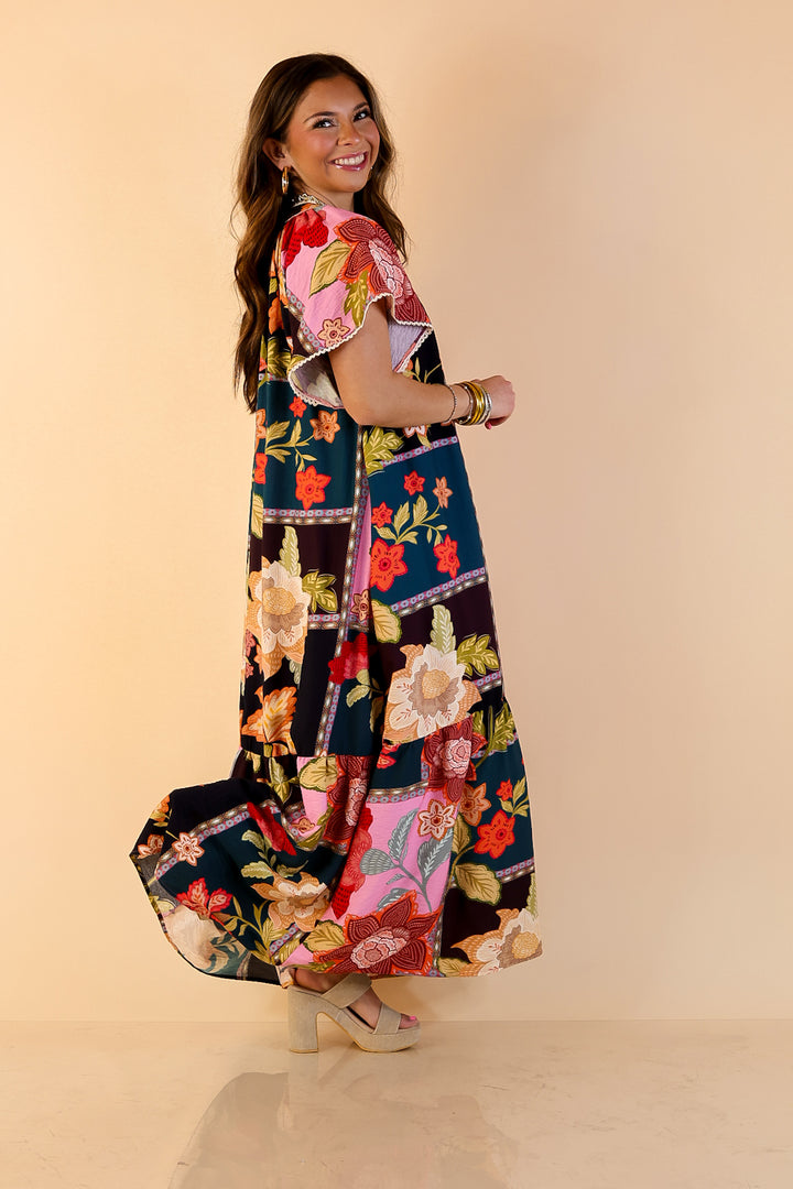 Patchwork Poise Floral Patchwork Print Midi Dress with Tassel Tie Neckline and Flutter Sleeves in Pink Mix