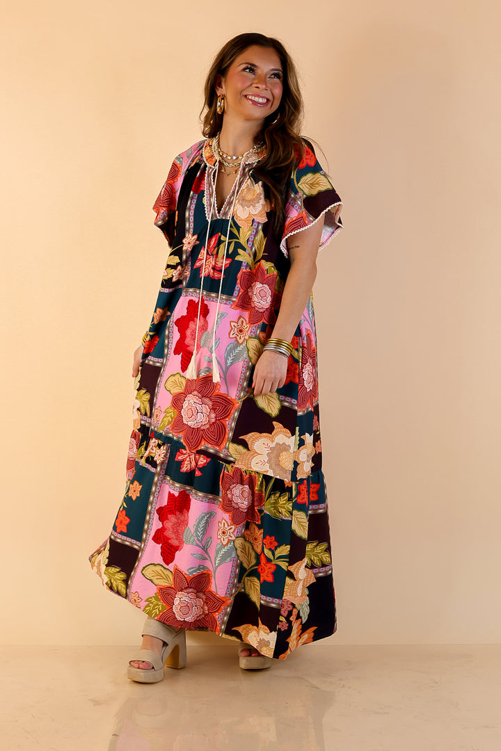 Patchwork Poise Floral Patchwork Print Midi Dress with Tassel Tie Neckline and Flutter Sleeves in Pink Mix