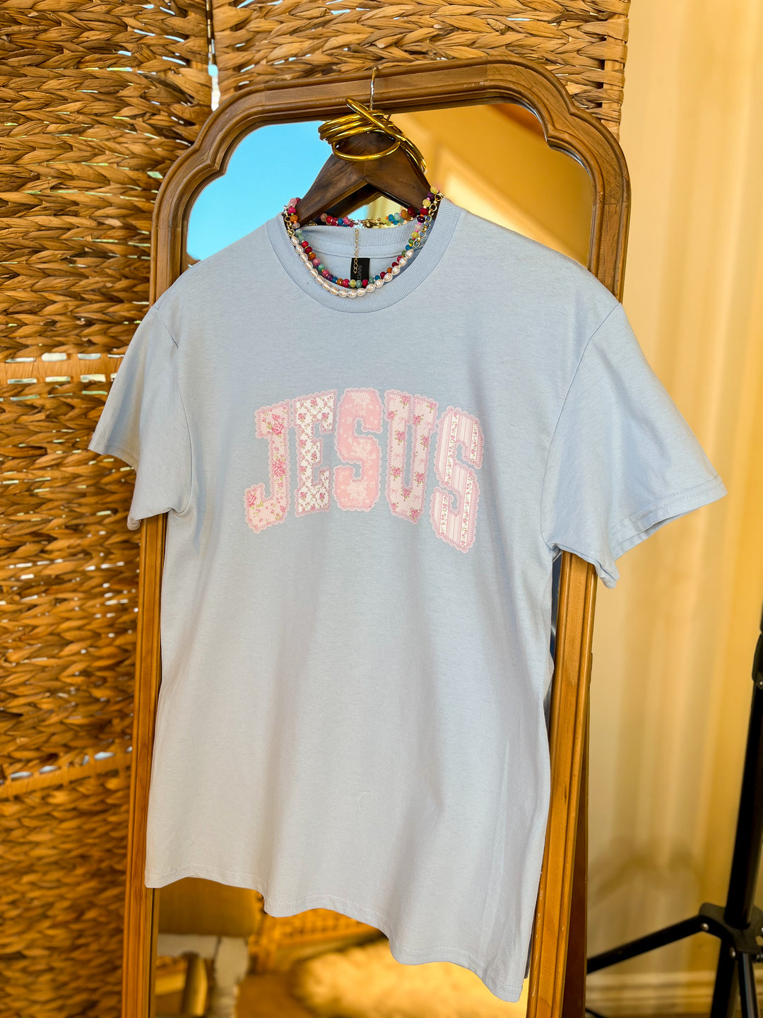 Faith in Full Bloom "Jesus" Print Short Sleeve Graphic Tee in Light Blue