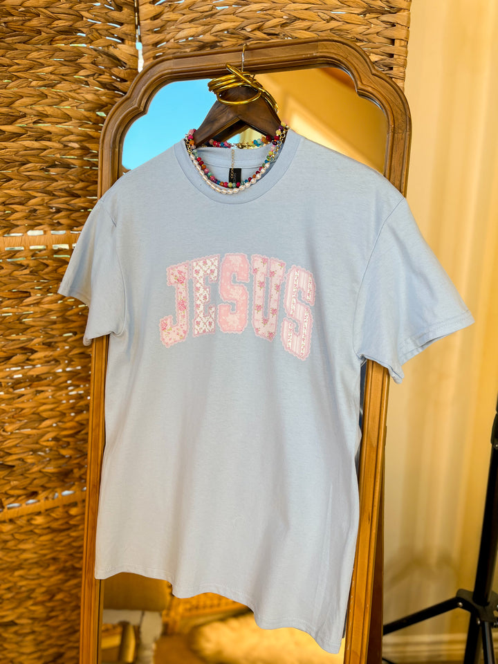 Faith in Full Bloom "Jesus" Print Short Sleeve Graphic Tee in Light Blue
