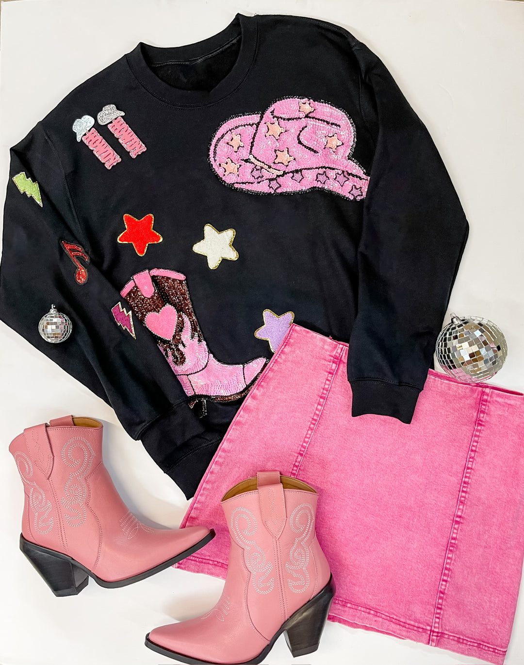 Nashville Lights Chenille and Sequin Patch Graphic Sweatshirt in Black - Giddy Up Glamour Boutique