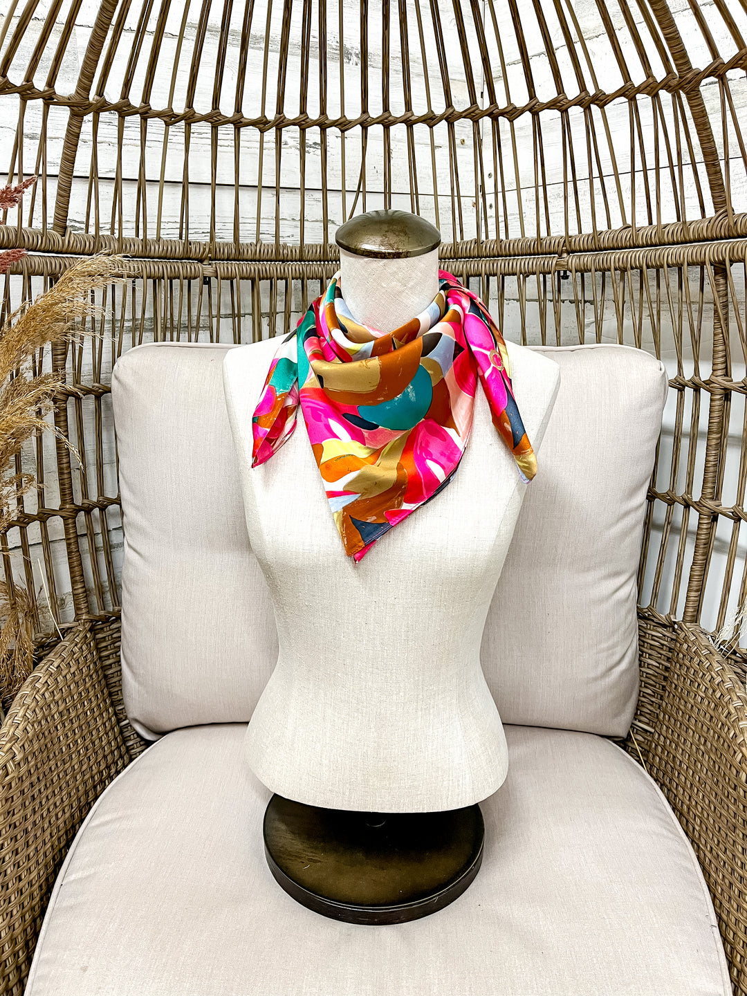 Tropical Bloom Floral Abstract Floral Silk Feel Square Scarf in Hot Pink, Teal and Tan