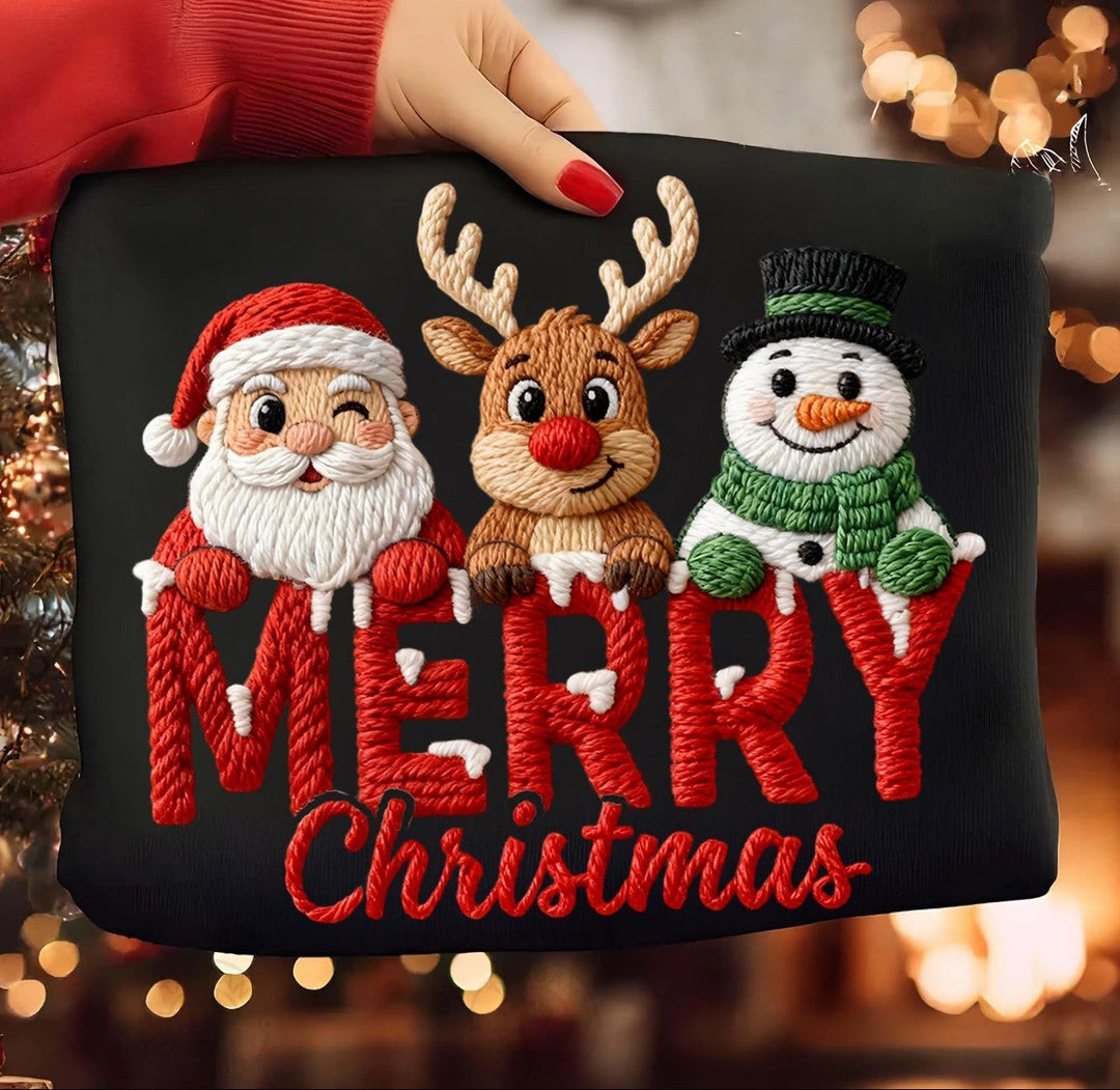 Custom Made to Order | Faux Yarn Merry Christmas Characters Graphic Tee or Sweatshirt in Multiple Printing Options on Black