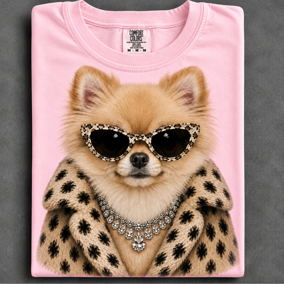 Custom Made to Order | Fur Coat Energy Pomeranian Faux Jewelry Printed Graphic Design Tee or Sweatshirt in Multiple Printing Options on Light Pink