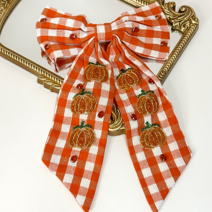 Orange Gingham Hair Bow with Beaded Pumpkins