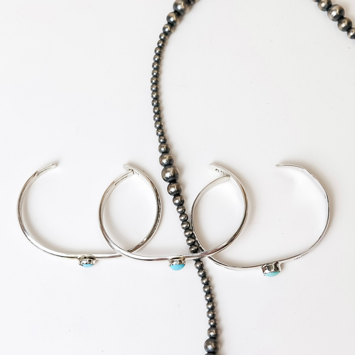 G S Navajo | Native American Handcrafted Sterling Silver Cuff with Center Turquoise Stone - Baby Size