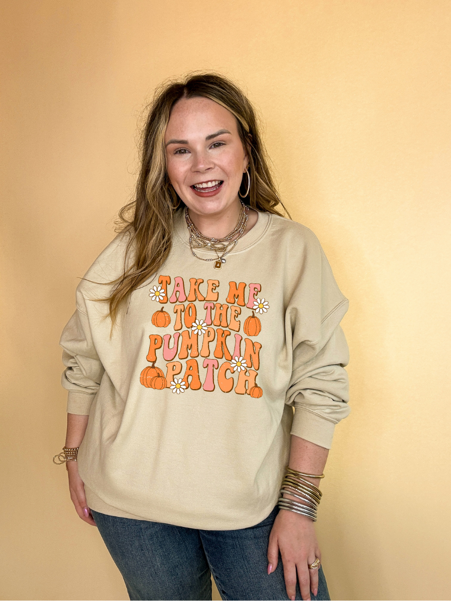 Online Exclusive | Take Me to The Pumpkin Patch Graphic Sweatshirt with Flowers and Pumpkins in Multiple Color Options