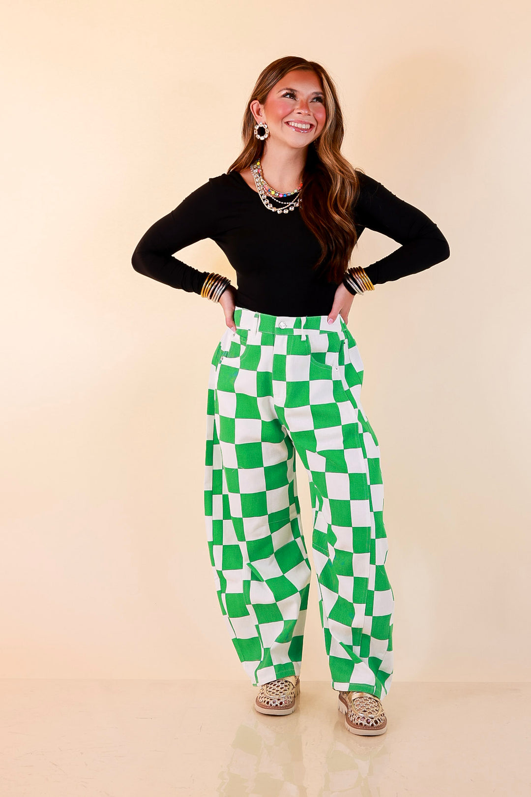 Check Me Out Wide Leg Checkered Print Barrel Denim Jean in Green