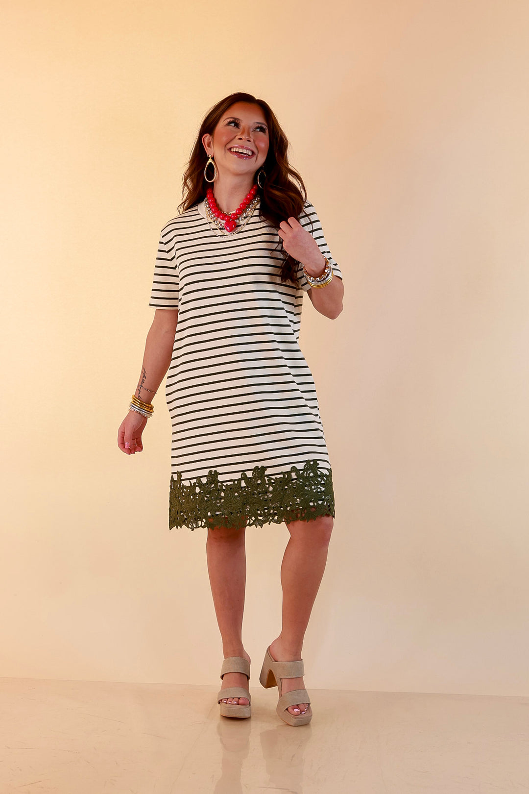 Beyond the Basics Striped Floral Lace Hem T-Shirt Dress in Ivory and Olive Green