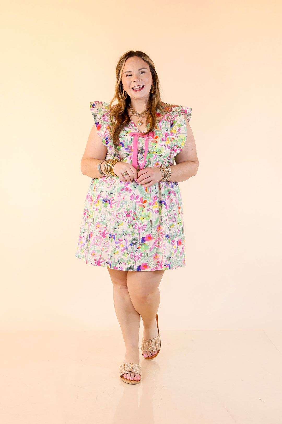 Bows & Blooms Tiered Floral Print Dress with Ruffle Cap Sleeves in Pink Mix