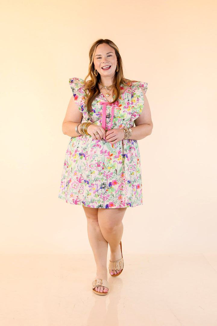 Bows & Blooms Tiered Floral Print Dress with Ruffle Cap Sleeves in Pink Mix