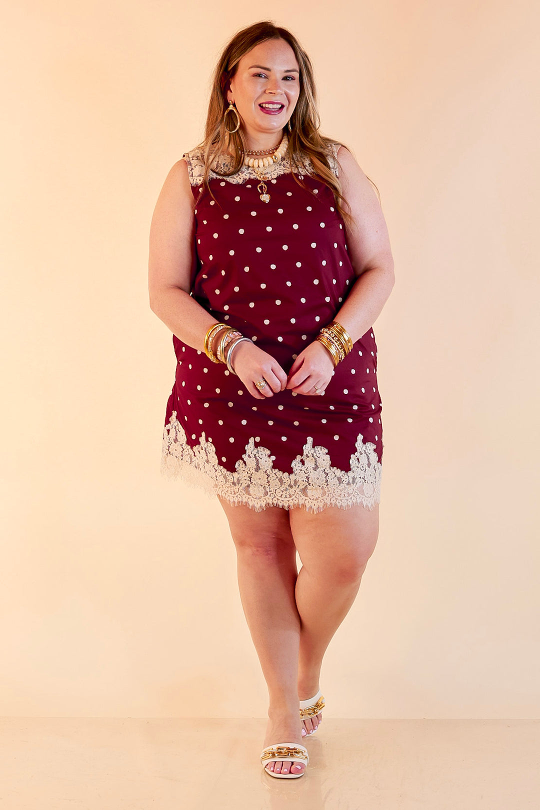 Lovely Little Details Polka Dot Lace Trim Sleeveless Shift Dress in Maroon and Ivory