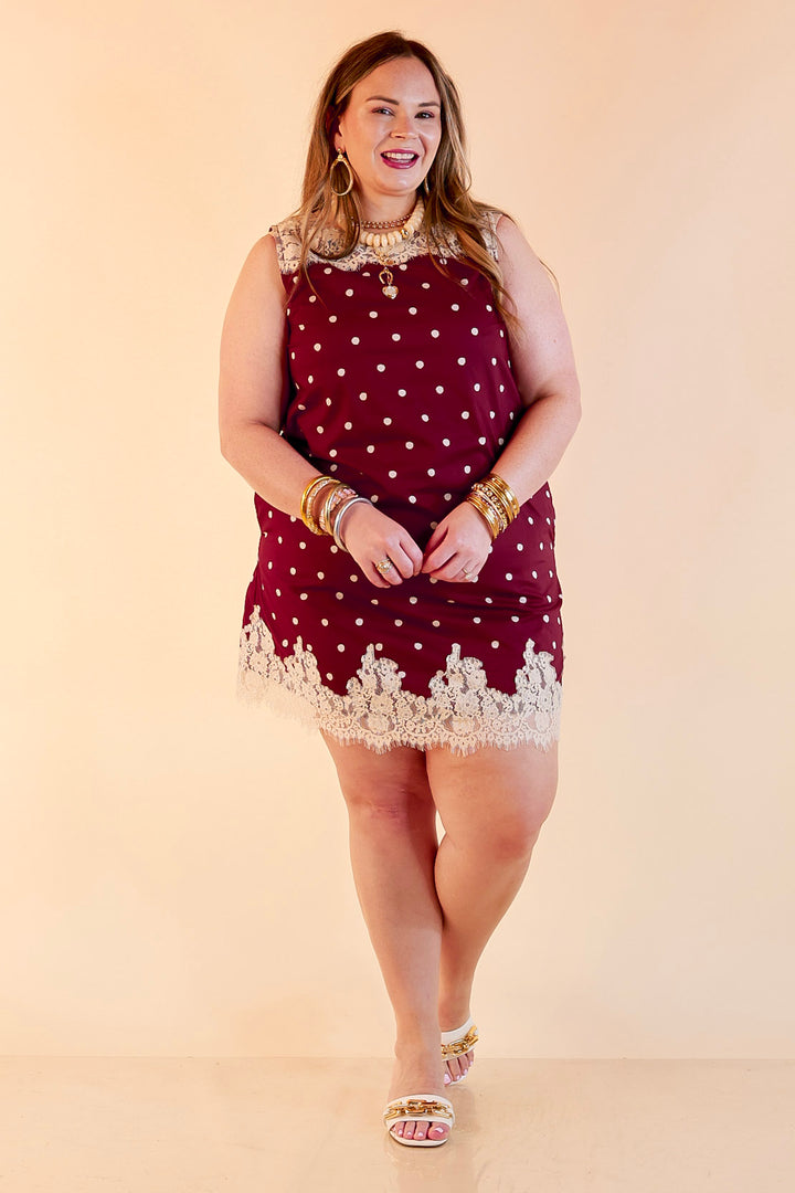 Lovely Little Details Polka Dot Lace Trim Sleeveless Shift Dress in Maroon and Ivory