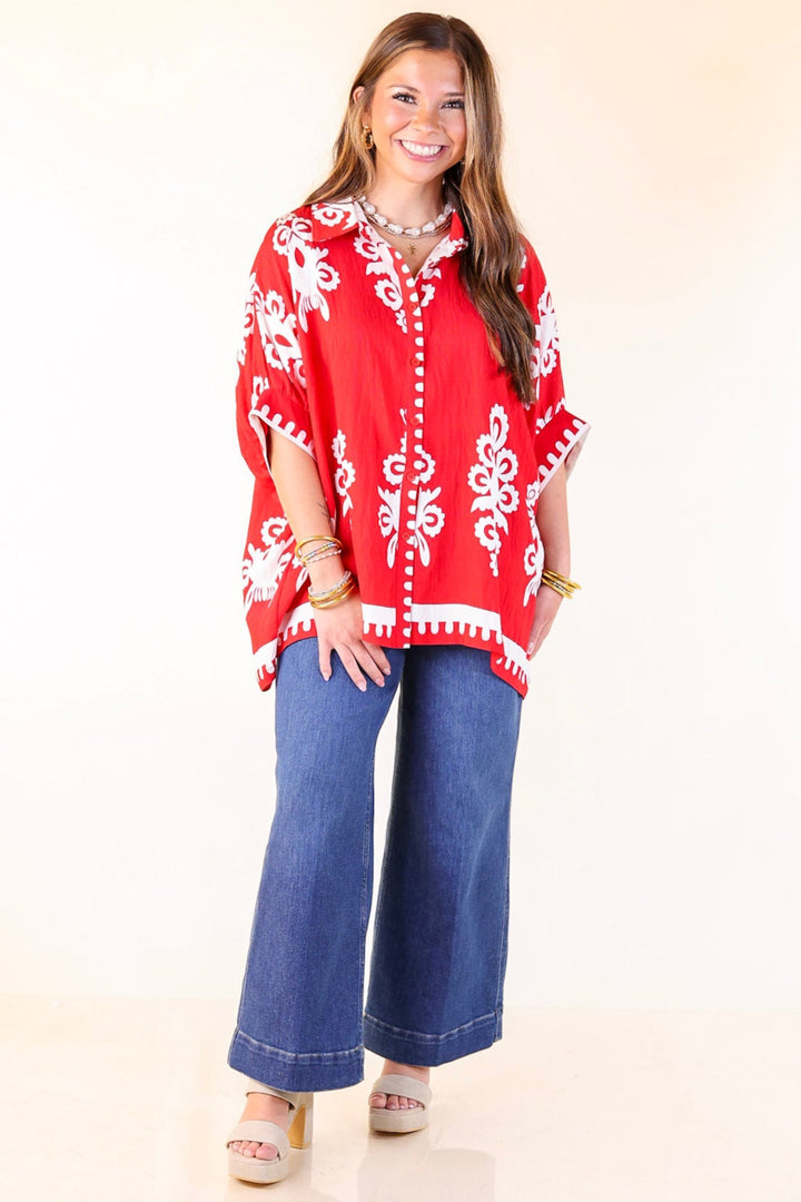 Classic Perfection Damask Print Button Up Collared Blouse in Red