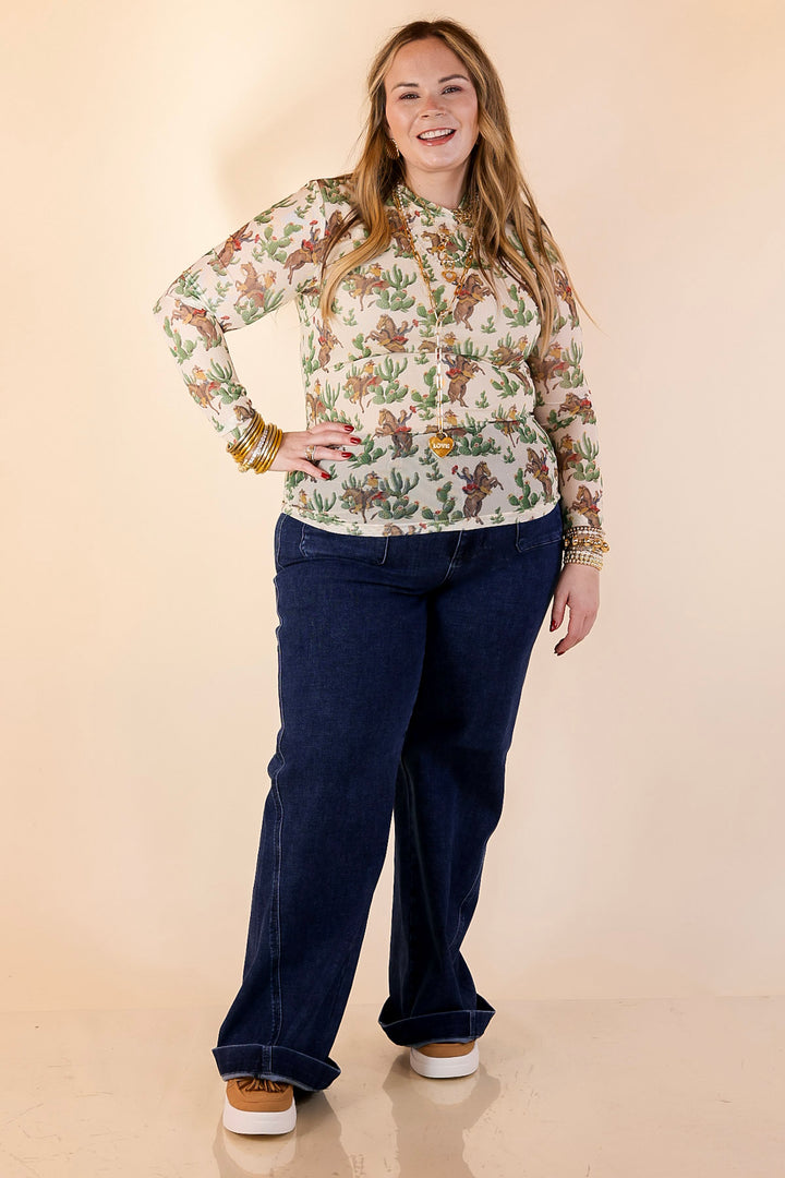 Western Dream Cowboy and Cacti Print Long Sleeve Mesh Top in Ivory