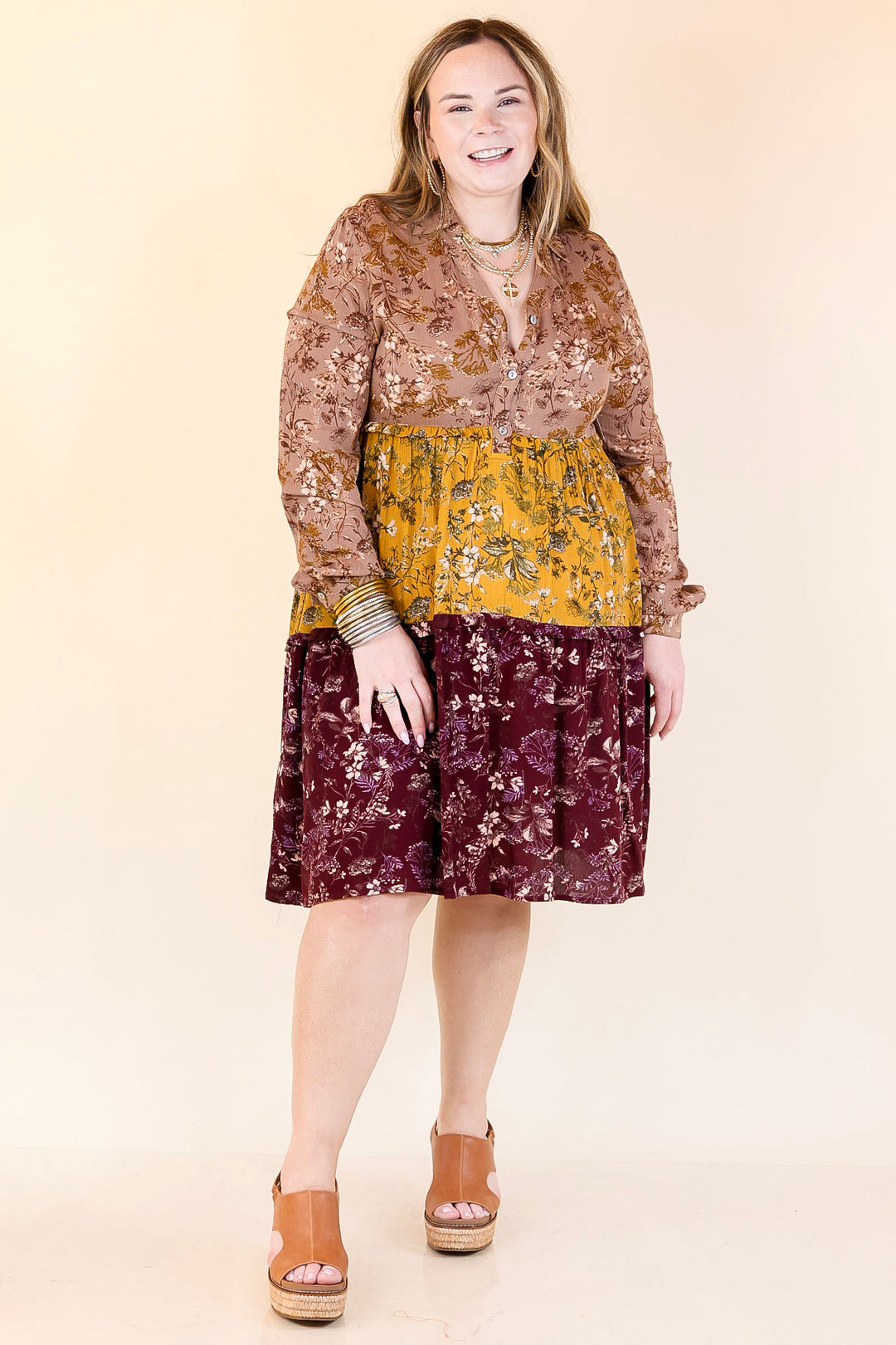 Among the Flowers Floral Ruffle Tier Long Sleeve Dress in Taupe, Mustard, and Burgundy