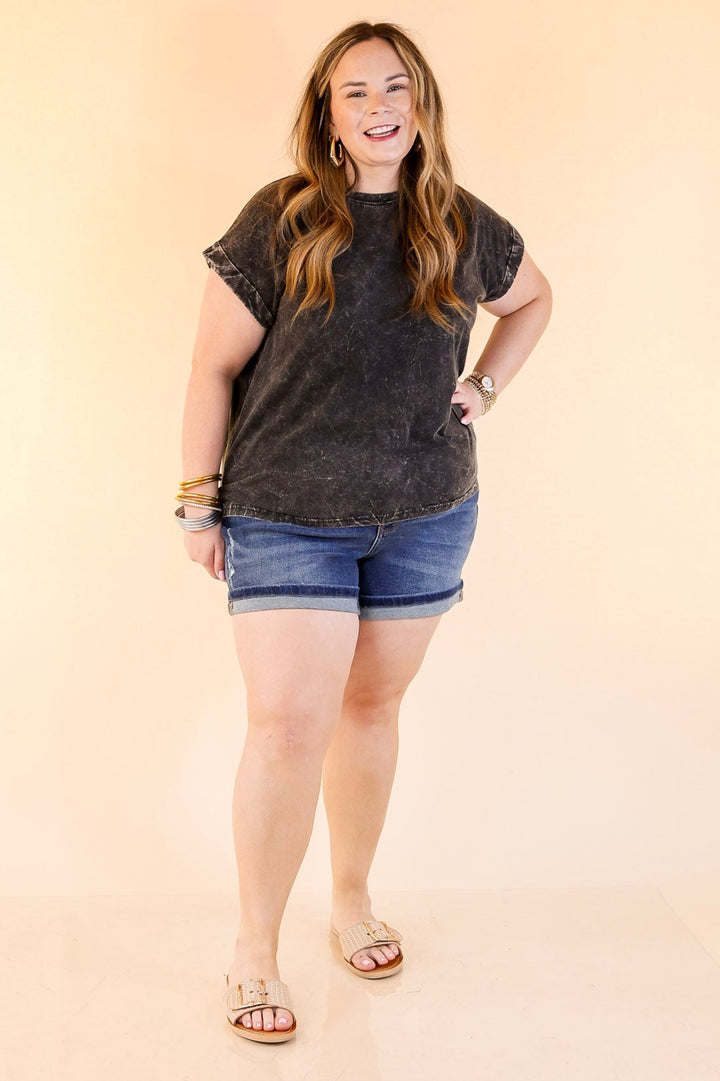 Judy Blue | Hidden Twist Denim Dad Distressed Shorts with Phone Pocket in Dark Wash