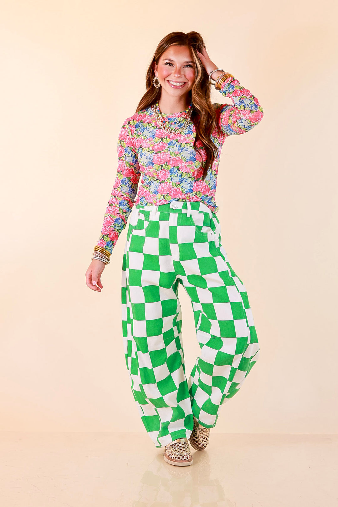 The Essential Layer Hydrangea Floral Print Sheer Mesh Long Sleeve Top in Pink, Blue and Green