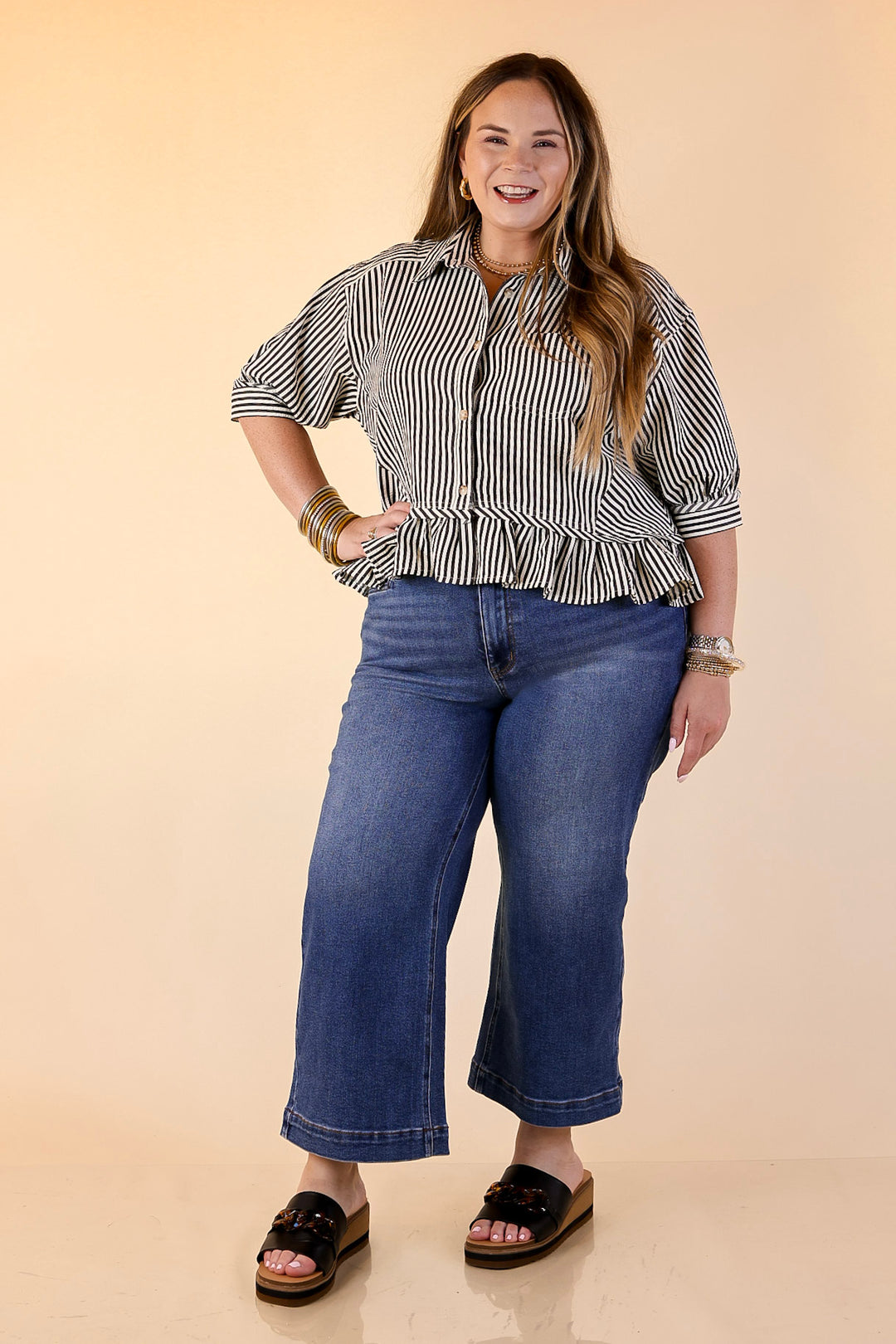 Style Agenda Striped Button Down Collared Top with Ruffle Peplum in Black