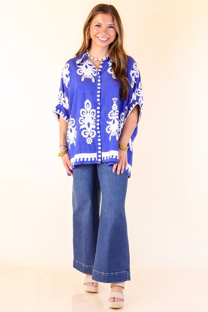 Classic Perfection Damask Print Button Up Collared Blouse in Royal Blue