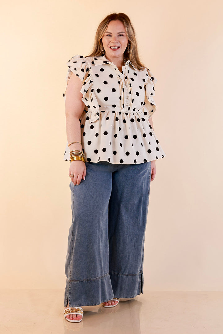 Spot on Style Ruffle Cap Sleeve Button Front Peplum Top with Black Polka Dot Print in Cream