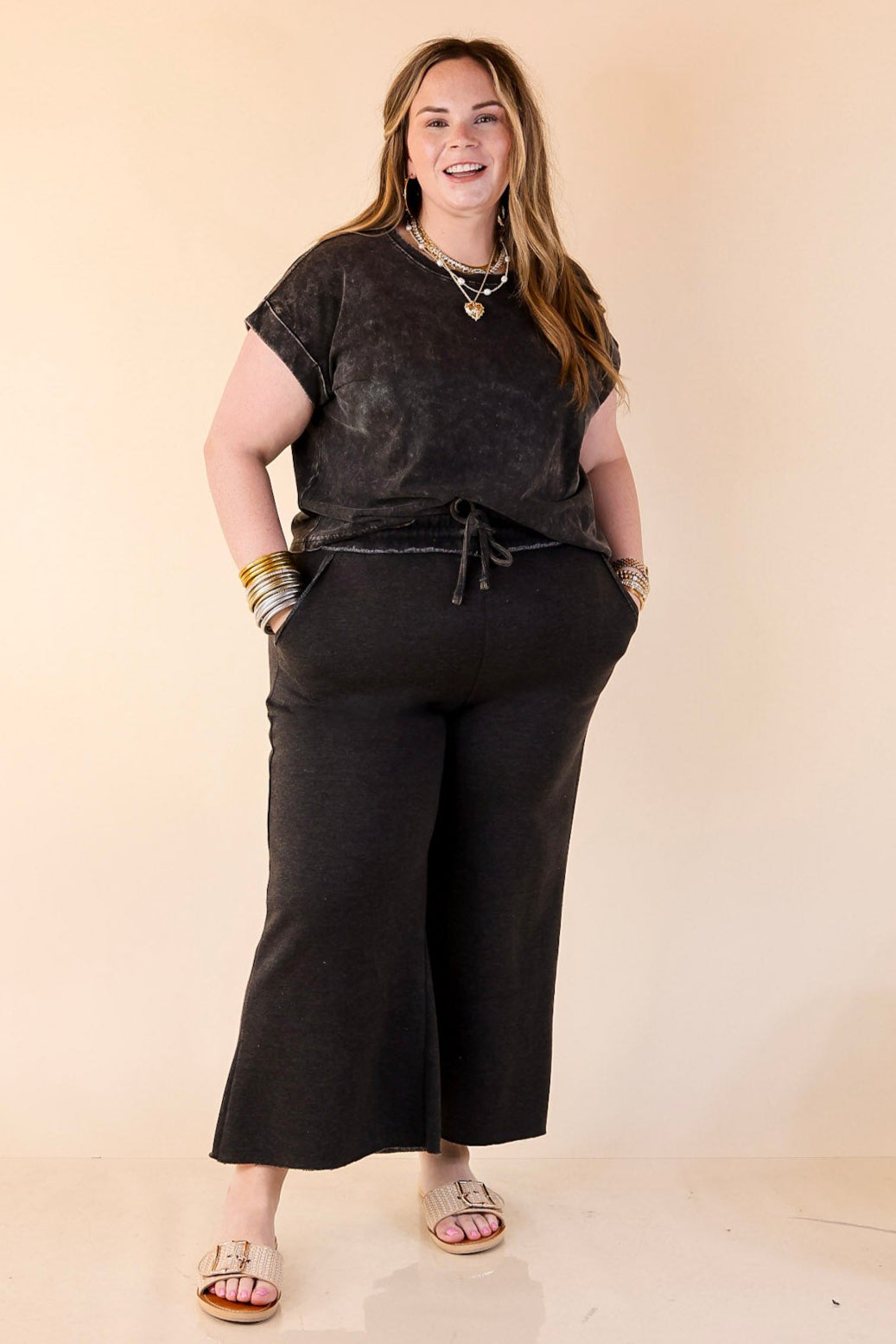 Cozy Girl Cropped Acid Washed Drawstring Pant in Black