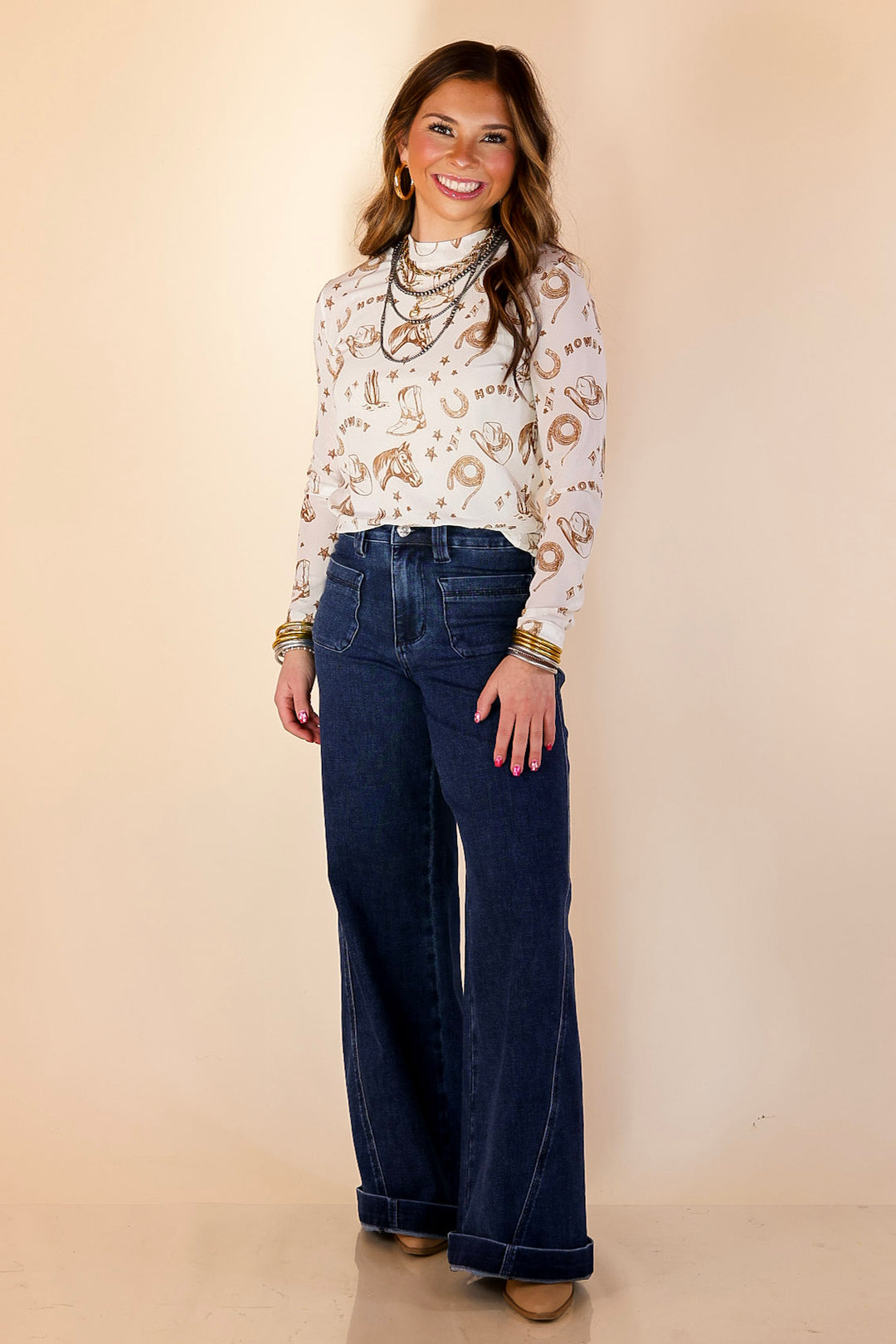 Western Dream Brown Western Icon Print Mesh Long Sleeve Top in Ivory