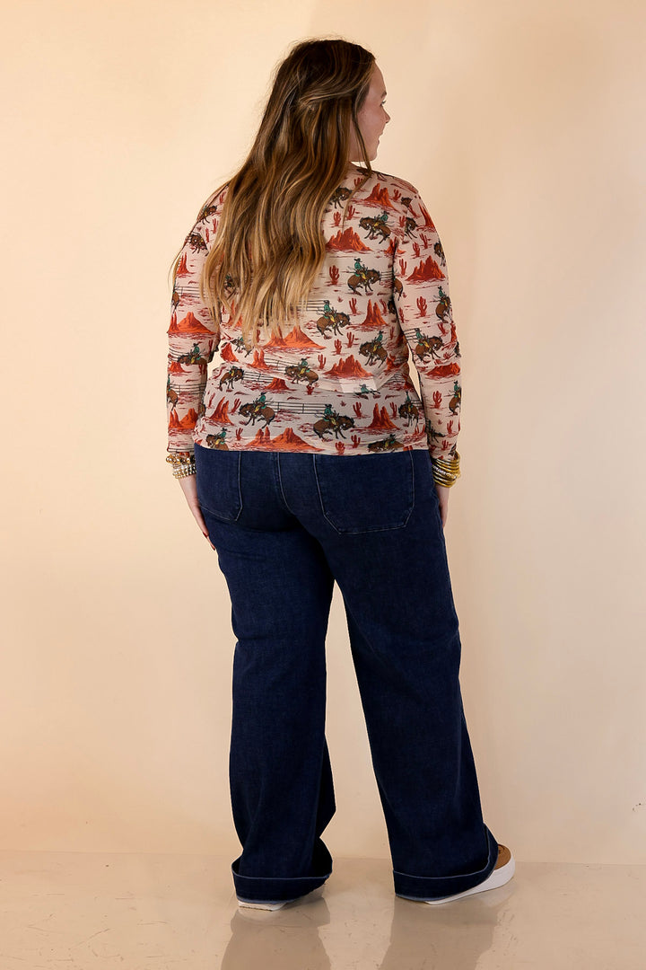 Sheer Confidence Western Red Rocks and Bronc Rider Mesh Long Sleeve Top in Cream