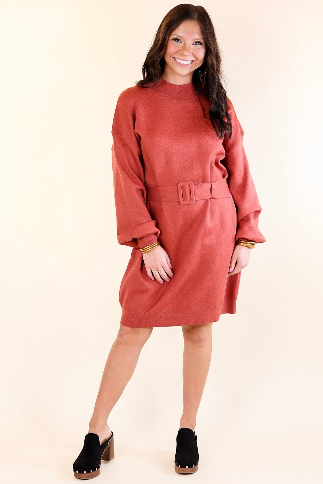 Luxurious Life Sweater Dress with Belt in Rust Red