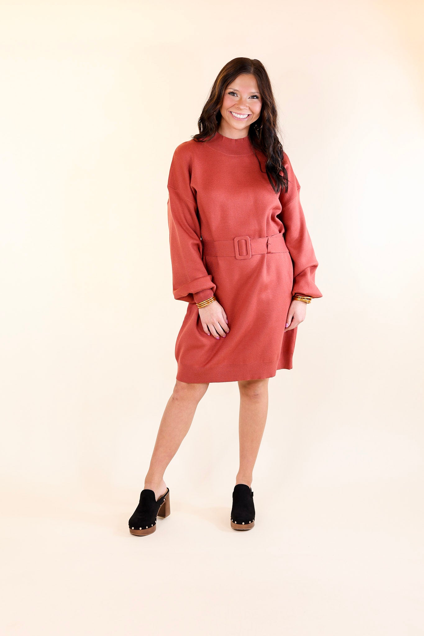 Luxurious Life Sweater Dress with Belt in Rust Red