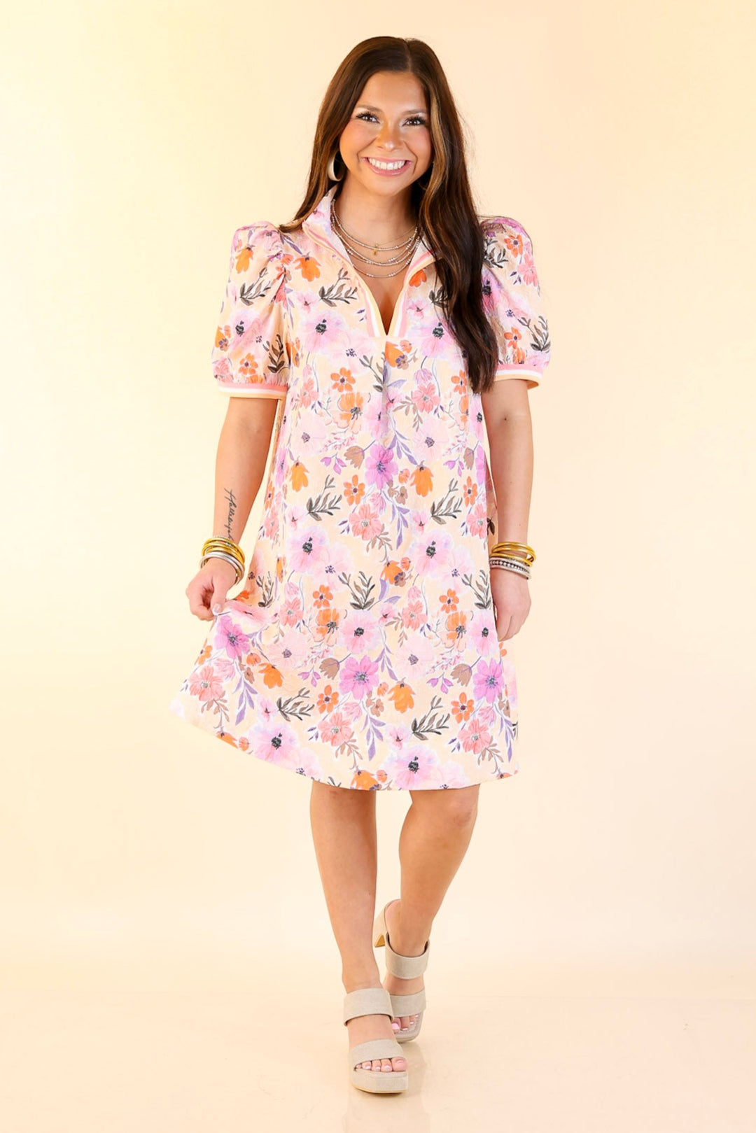 Lovely as Ever V Neck Floral Print Dress in Pink, Coral Orange and Purple Mix