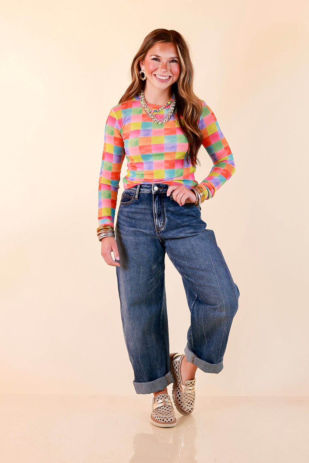 The Essential Layer Watercolor Checkered Print Sheer Mesh Long Sleeve Top in Multicolor