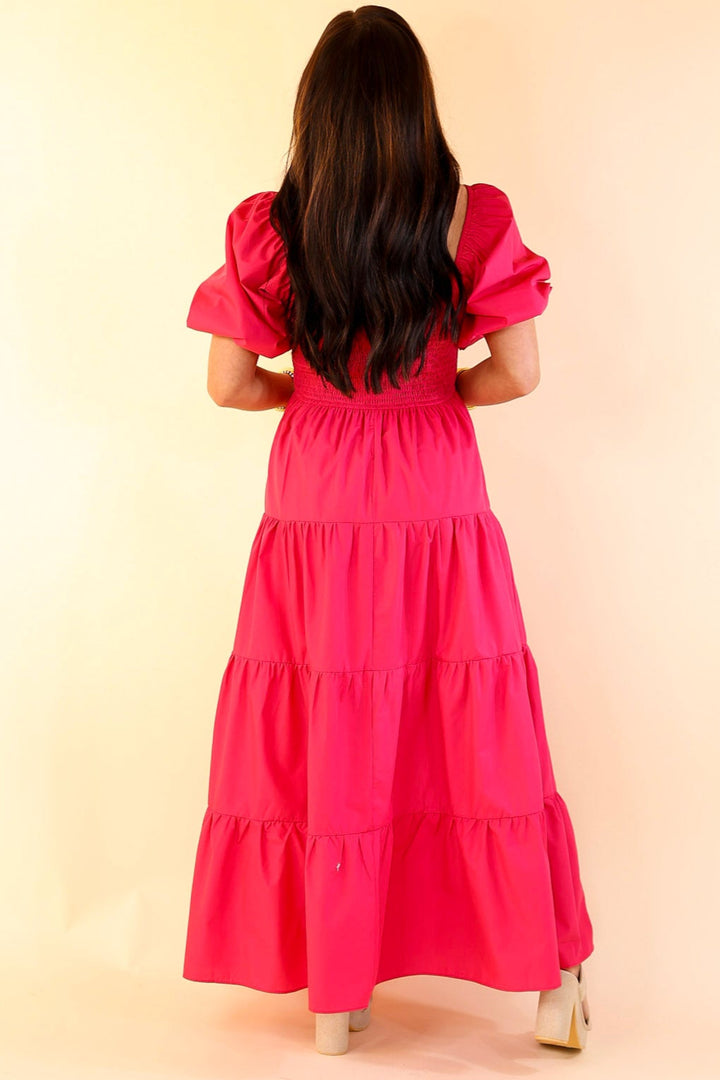 Santorini Sunshine Short Balloon Sleeve Maxi Dress in Fuchsia Pink