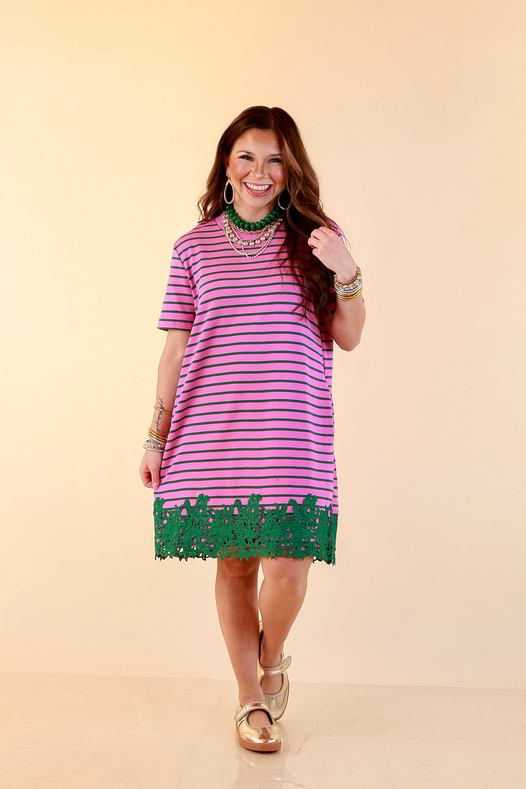 Beyond the Basics Striped Floral Lace Hem T-Shirt Dress in Pink and Green