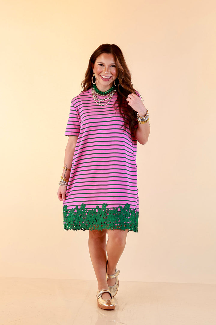 Beyond the Basics Striped Floral Lace Hem T-Shirt Dress in Pink and Green