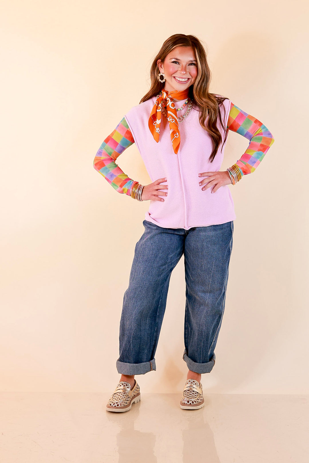 Always a Favorite Crew Neck Front Seam Sweater Knit Top in Baby Pink