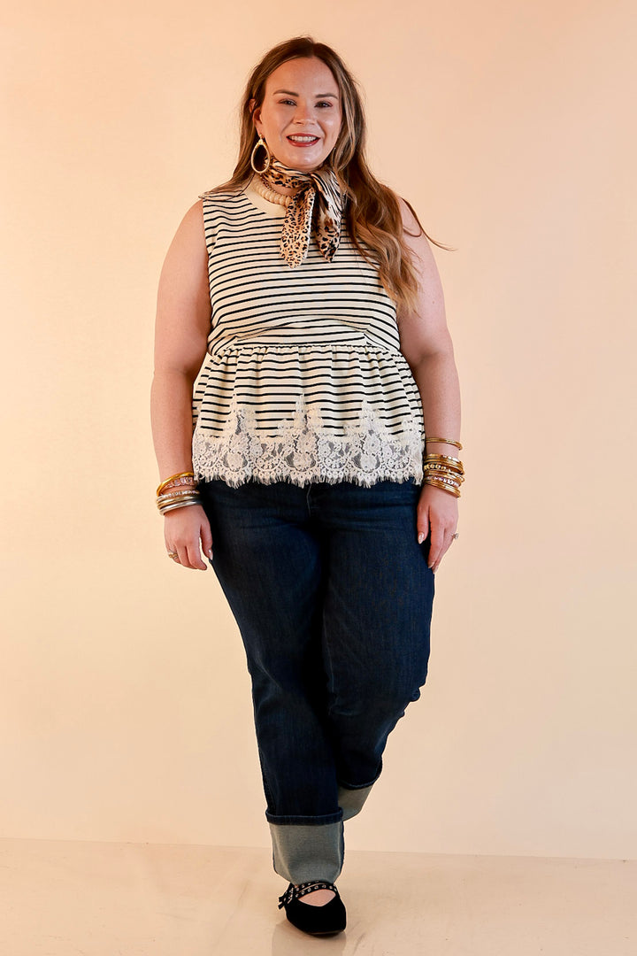 Sweet on Style Striped Peplum Sleeveless Tank Top with Lace Trim Detailing in Ivory and Black