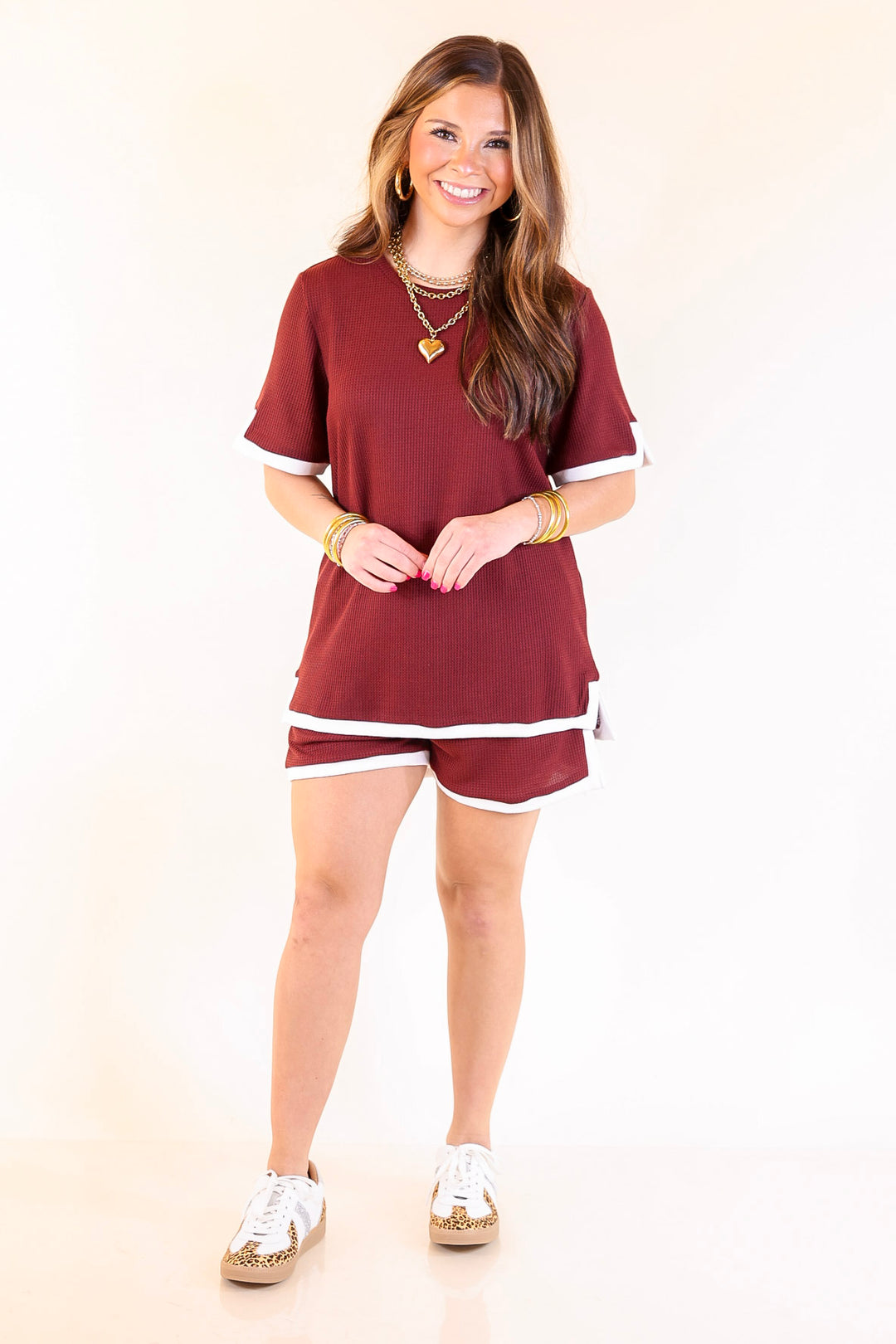 Calm and Collected Matching Set with White Trim in Maroon