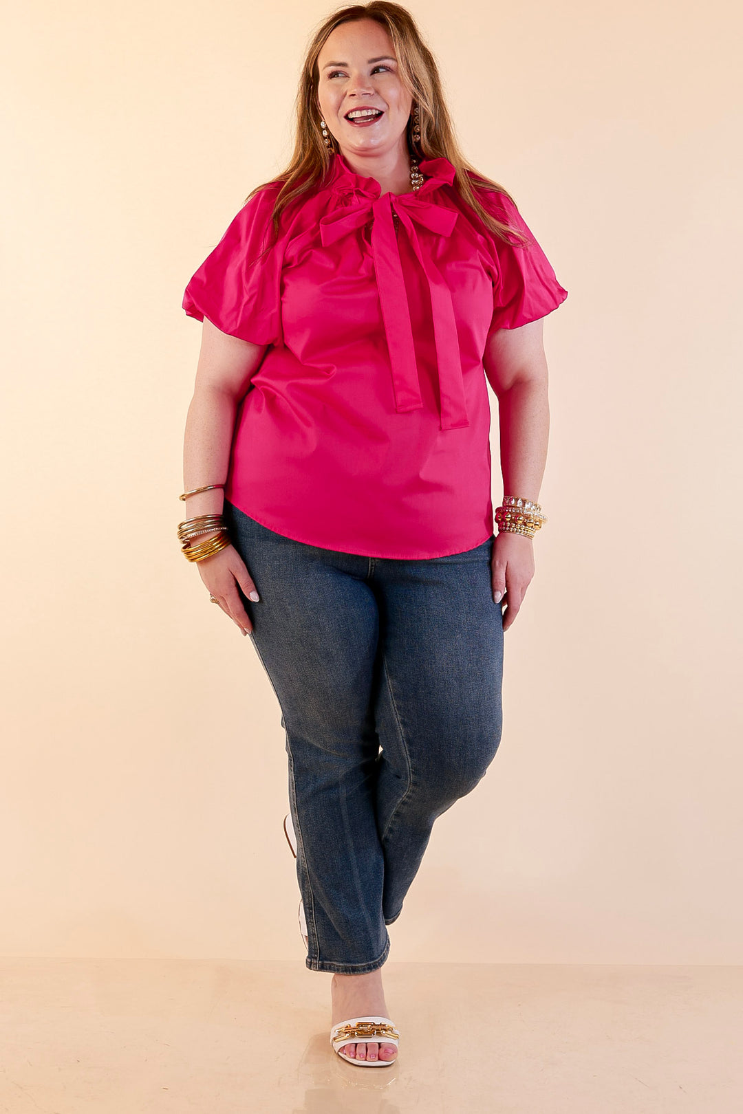 Make It Memorable Short Puff Sleeve Tie Neck Blouse with Gathered Neckline in Fuchsia Pink