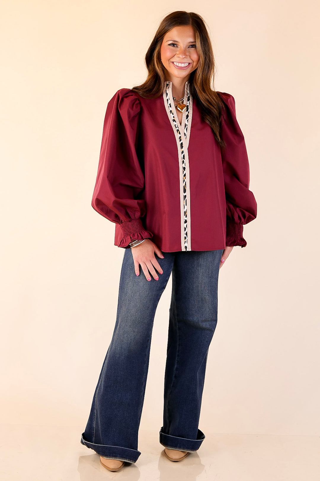 Trimmed in Style Puff Long Sleeve Blouse with Contrast Leopard Trim and Ruffle in Maroon