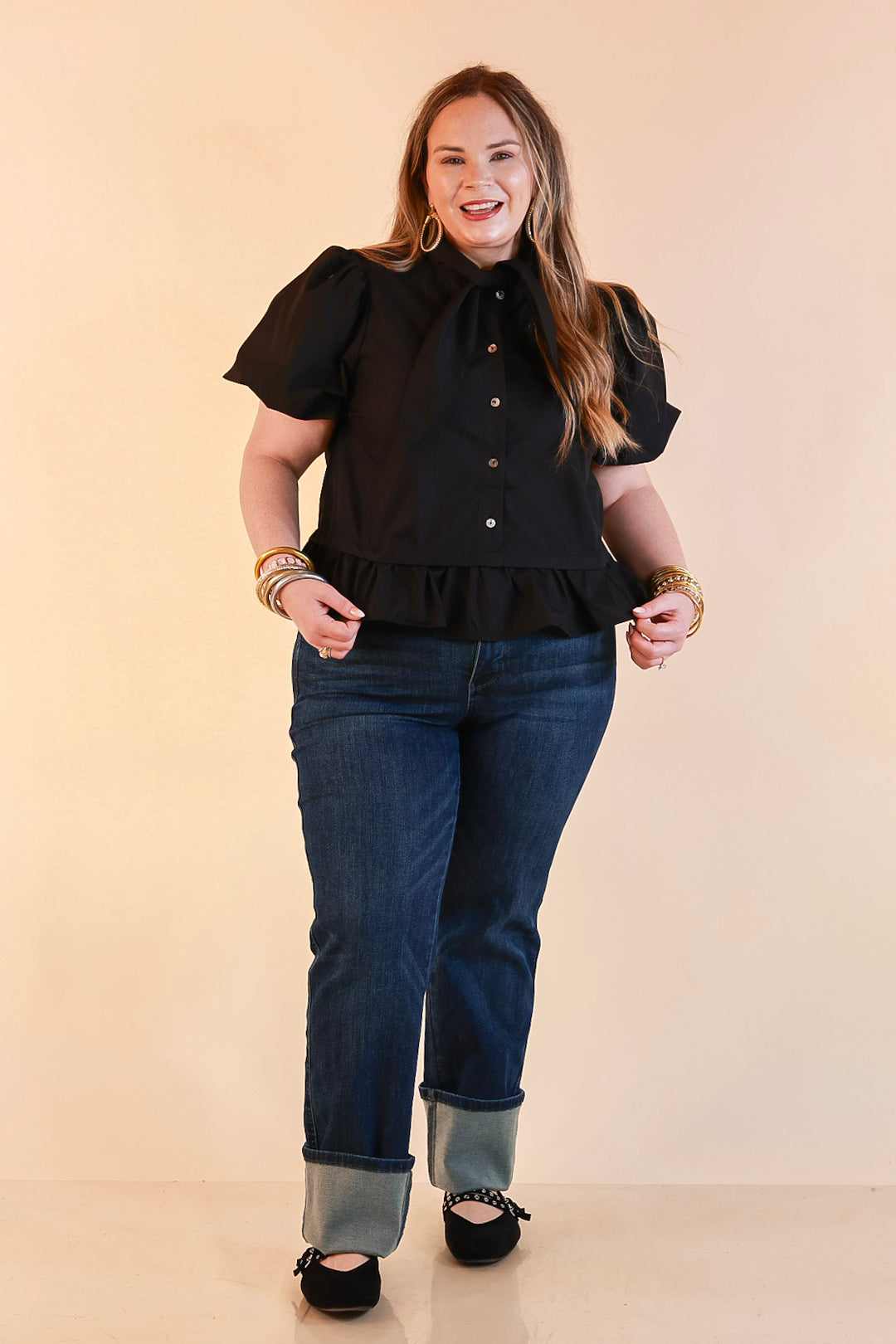 Present Company Solid Button Down Peplum Bubble Sleeve Tie Collar Top in Black