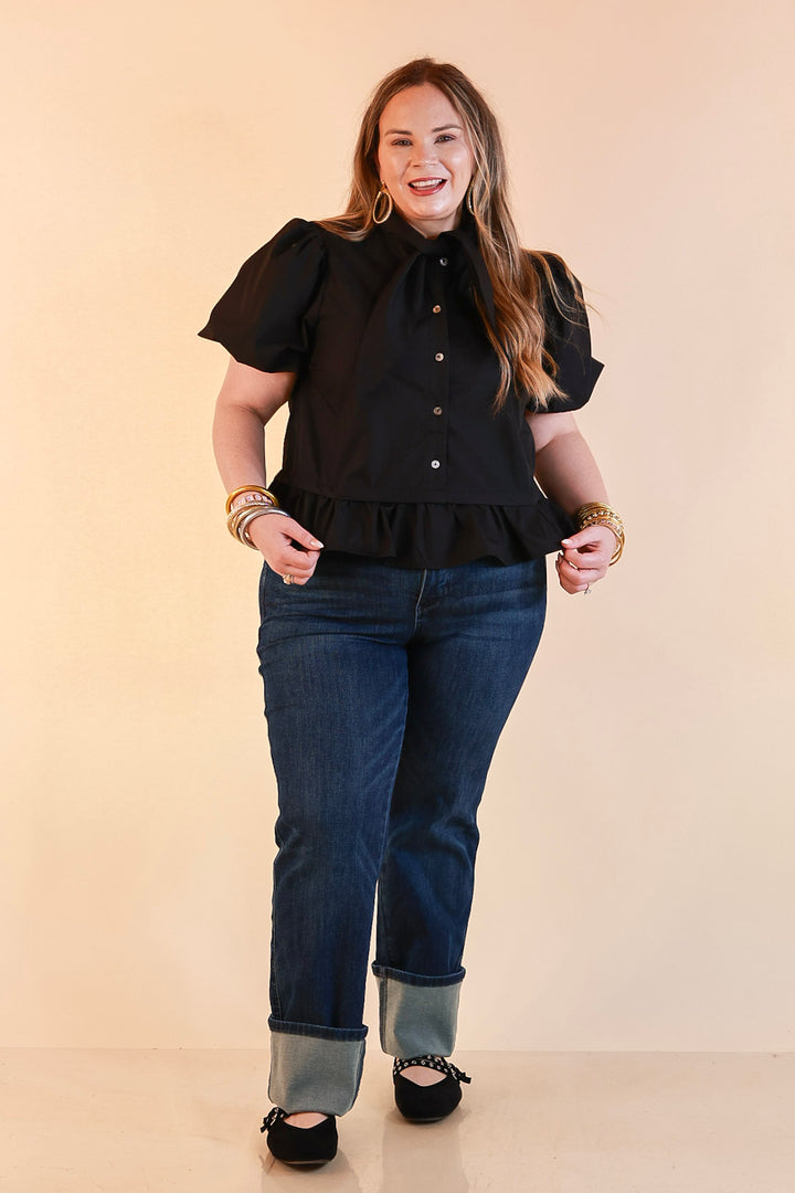 Present Company Solid Button Down Peplum Bubble Sleeve Tie Collar Top in Black