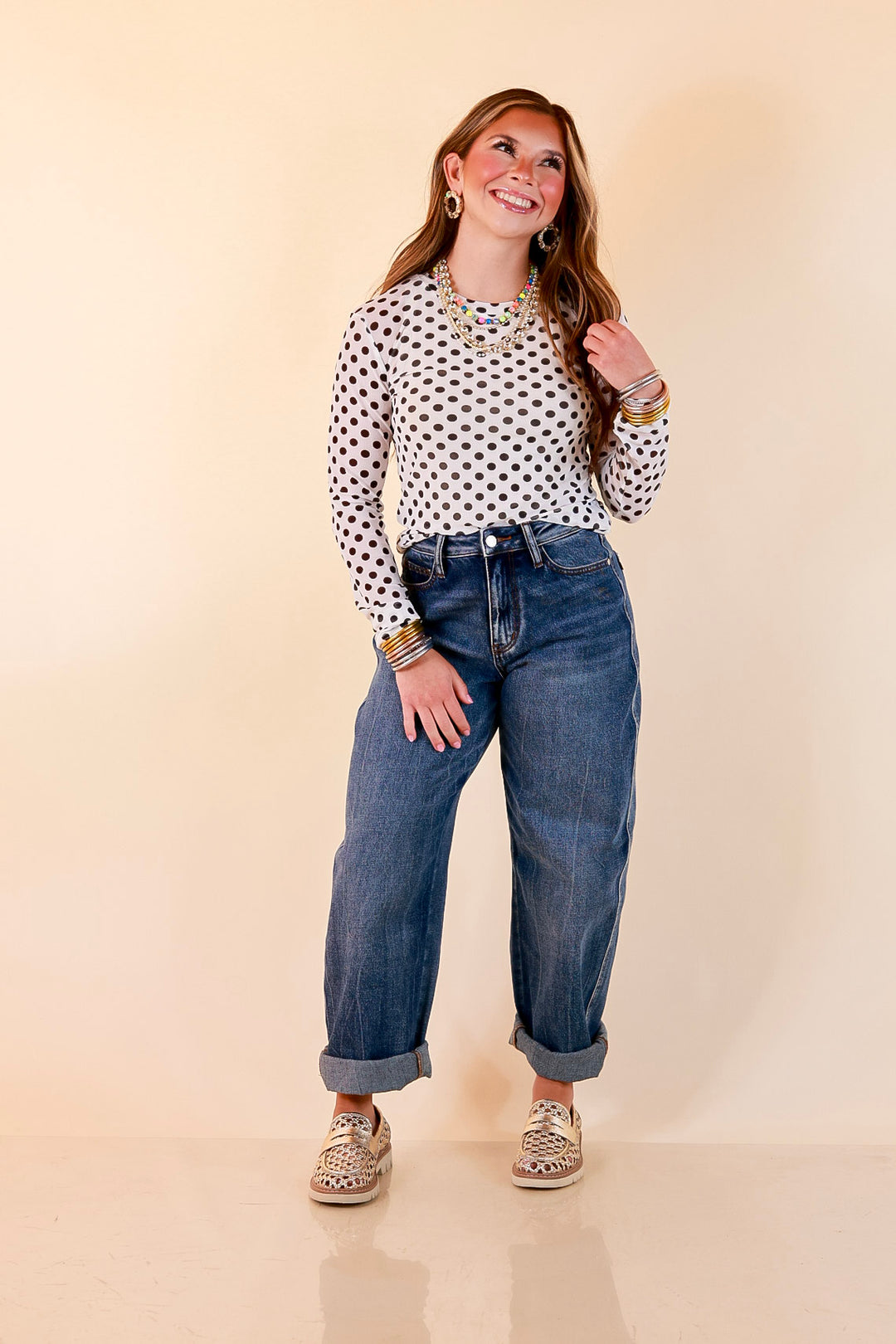The Essential Layer Black Polka Dot Print Sheer Mesh Long Sleeve Top in White