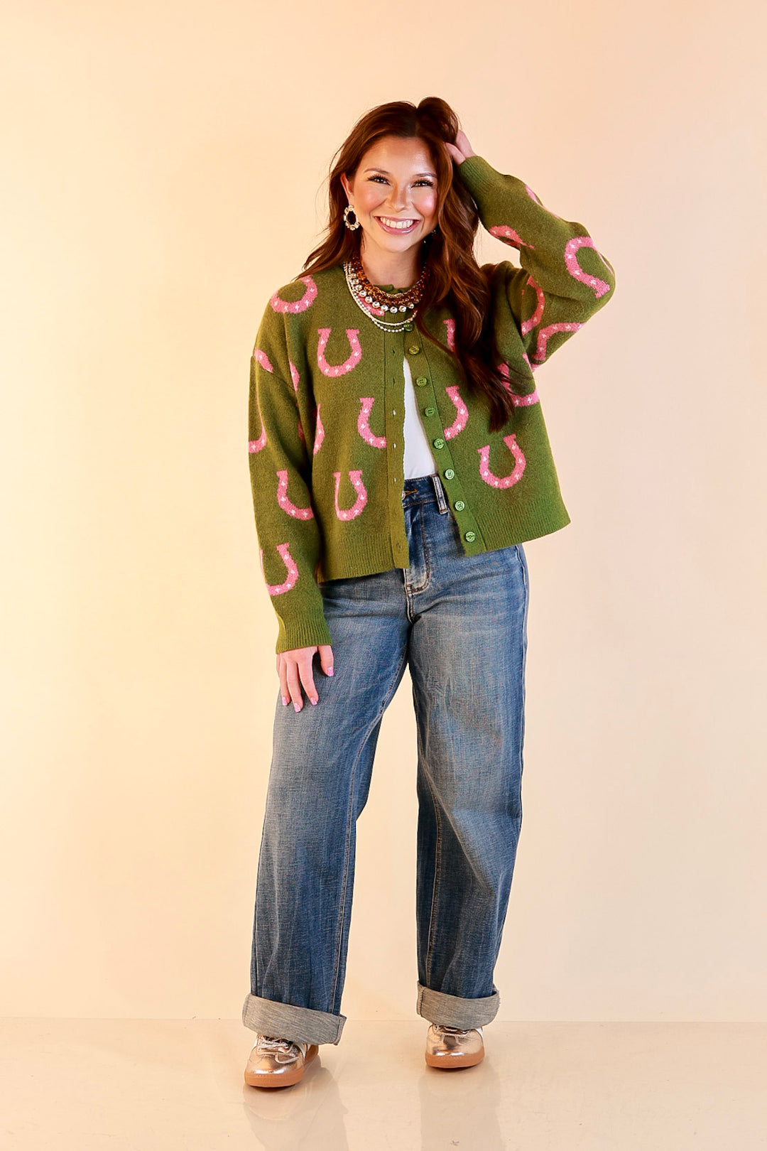 Lucky in Love Horseshoe Print Button Front Cardigan Sweater in Olive Green and Pink