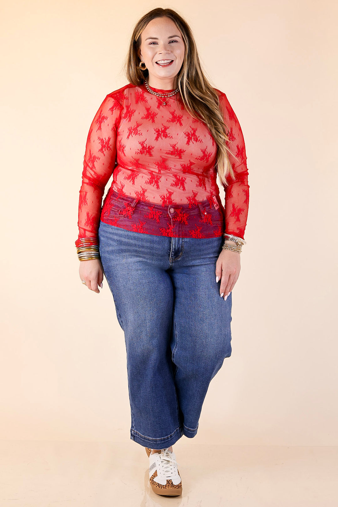 Daringly Delicate Sheer Mock Neck Long Sleeve Lace Top in Red