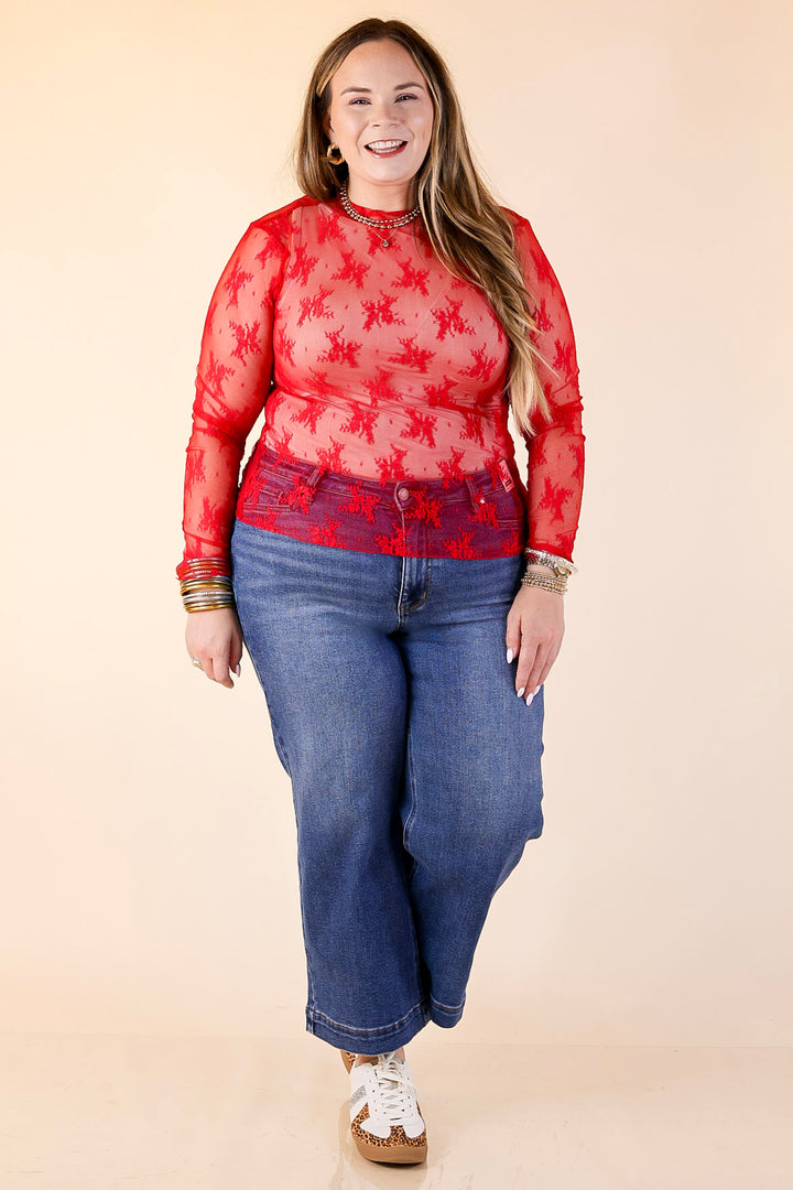Daringly Delicate Sheer Mock Neck Long Sleeve Lace Top in Red